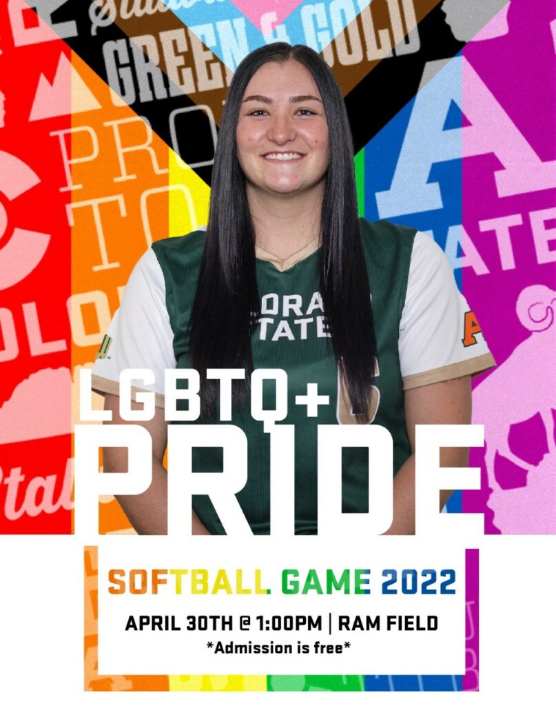 CSU softball player standing in front of pride flag