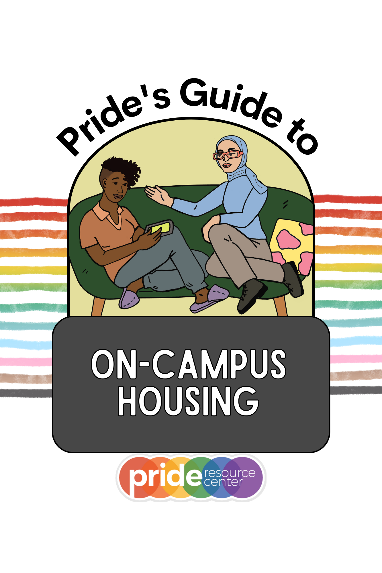Two students sitting on a green couch talking to each other. Pride's Guide to On-Campus Housing